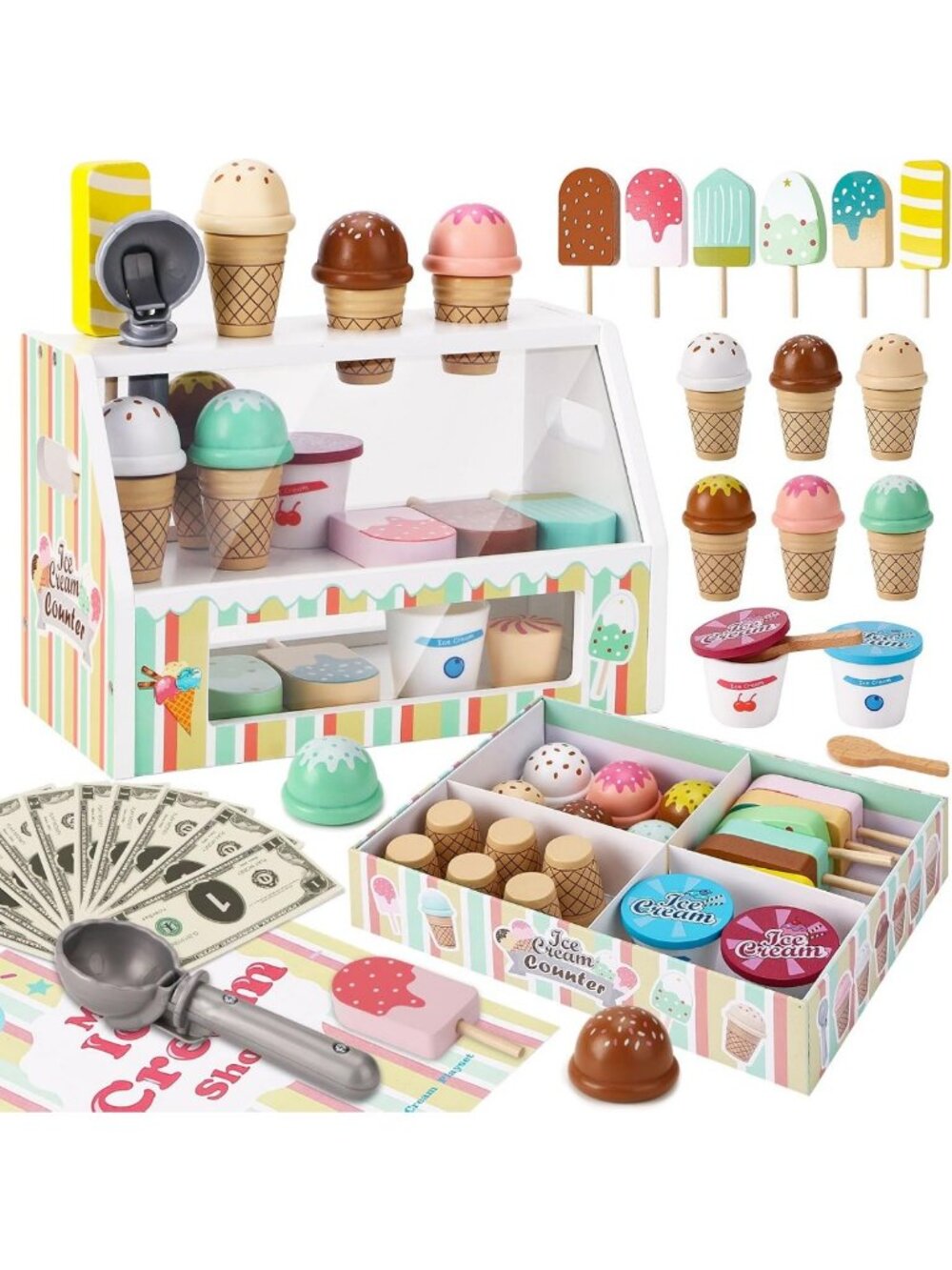 Wooden Ice Cream Playset for Kids - Pretend Kitchen Toys with Scoop, Menu